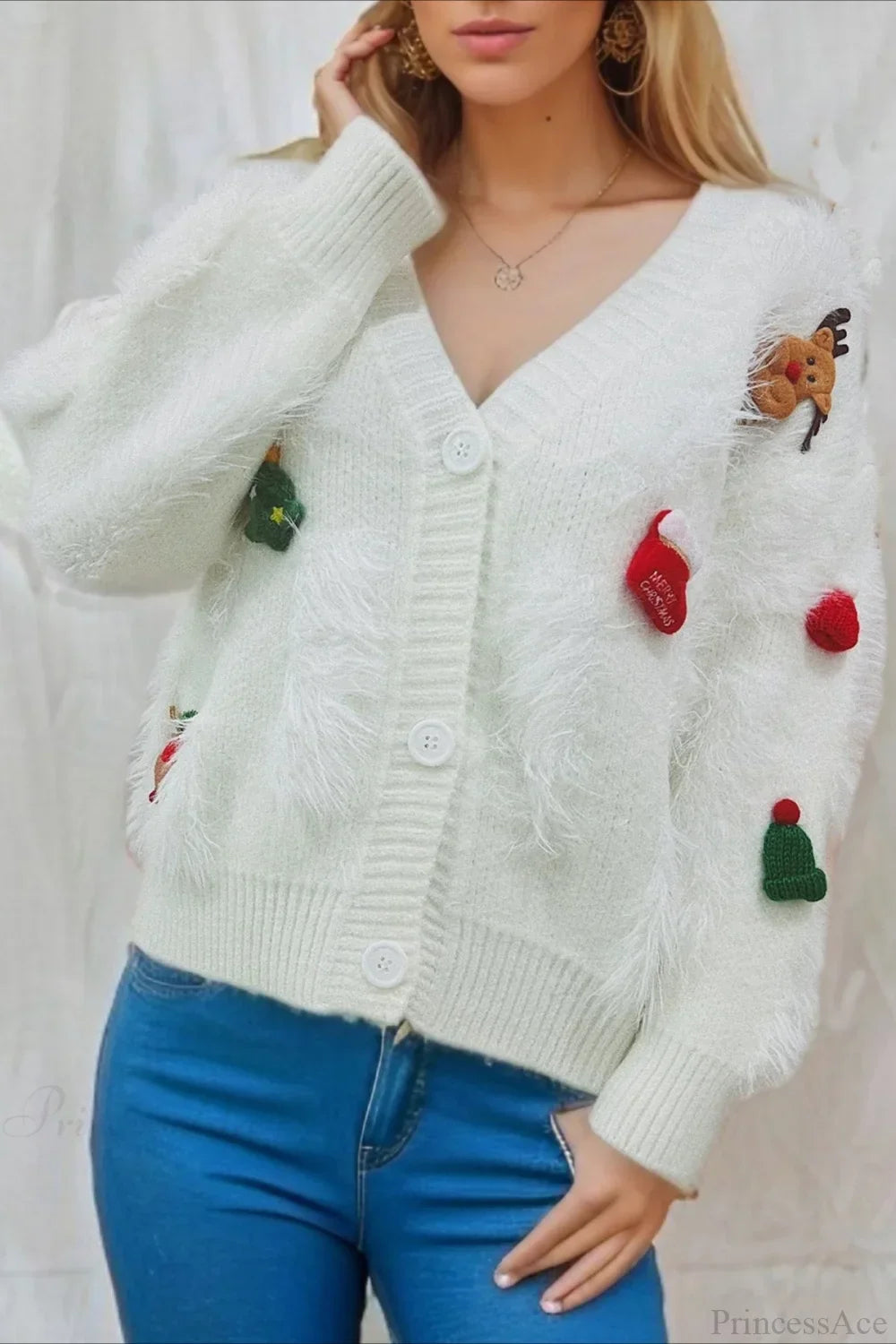 Velina Moda | Christmas Mink Fleece 3D Trim Single Breasted Cardigan Sweater