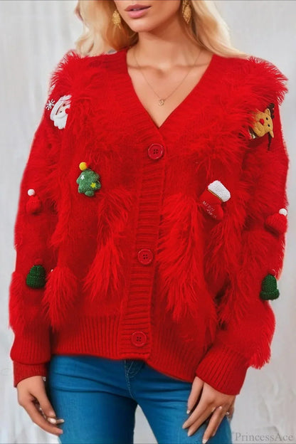 Velina Moda | Christmas Mink Fleece 3D Trim Single Breasted Cardigan Sweater