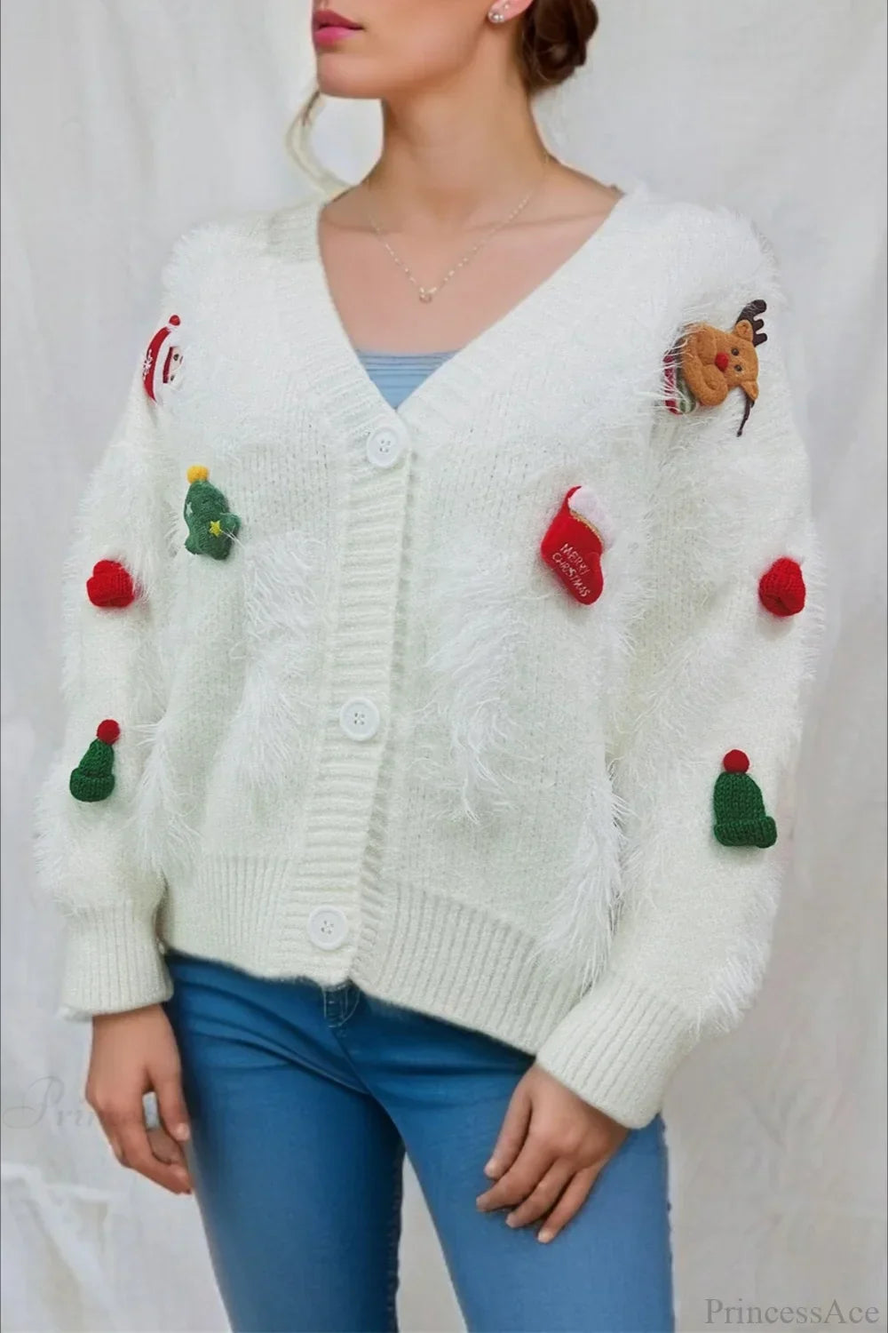 Velina Moda | Christmas Mink Fleece 3D Trim Single Breasted Cardigan Sweater