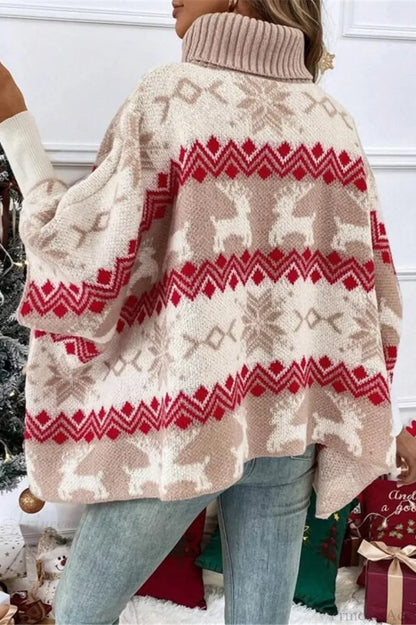 Velina Moda | Christmas Moose High Collar Contrast Batwing Sleeve Sweater