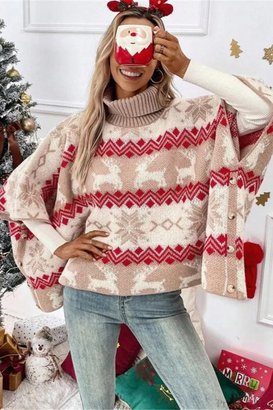 Velina Moda | Christmas Moose High Collar Contrast Batwing Sleeve Sweater