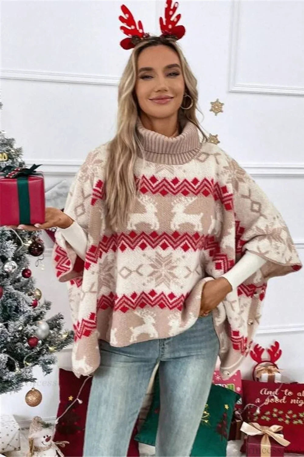 Velina Moda | Christmas Moose High Collar Contrast Batwing Sleeve Sweater