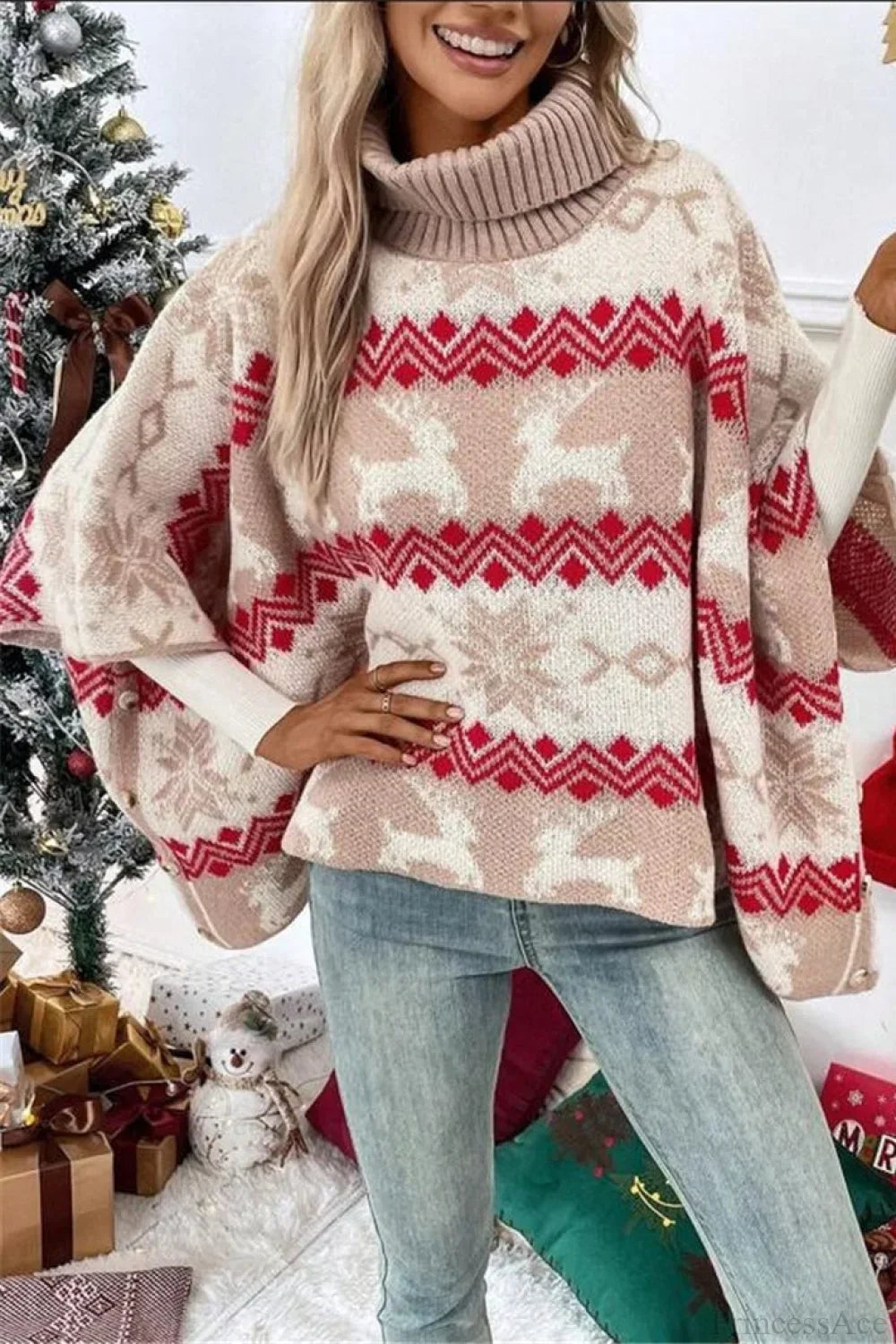 Velina Moda | Christmas Moose High Collar Contrast Batwing Sleeve Sweater