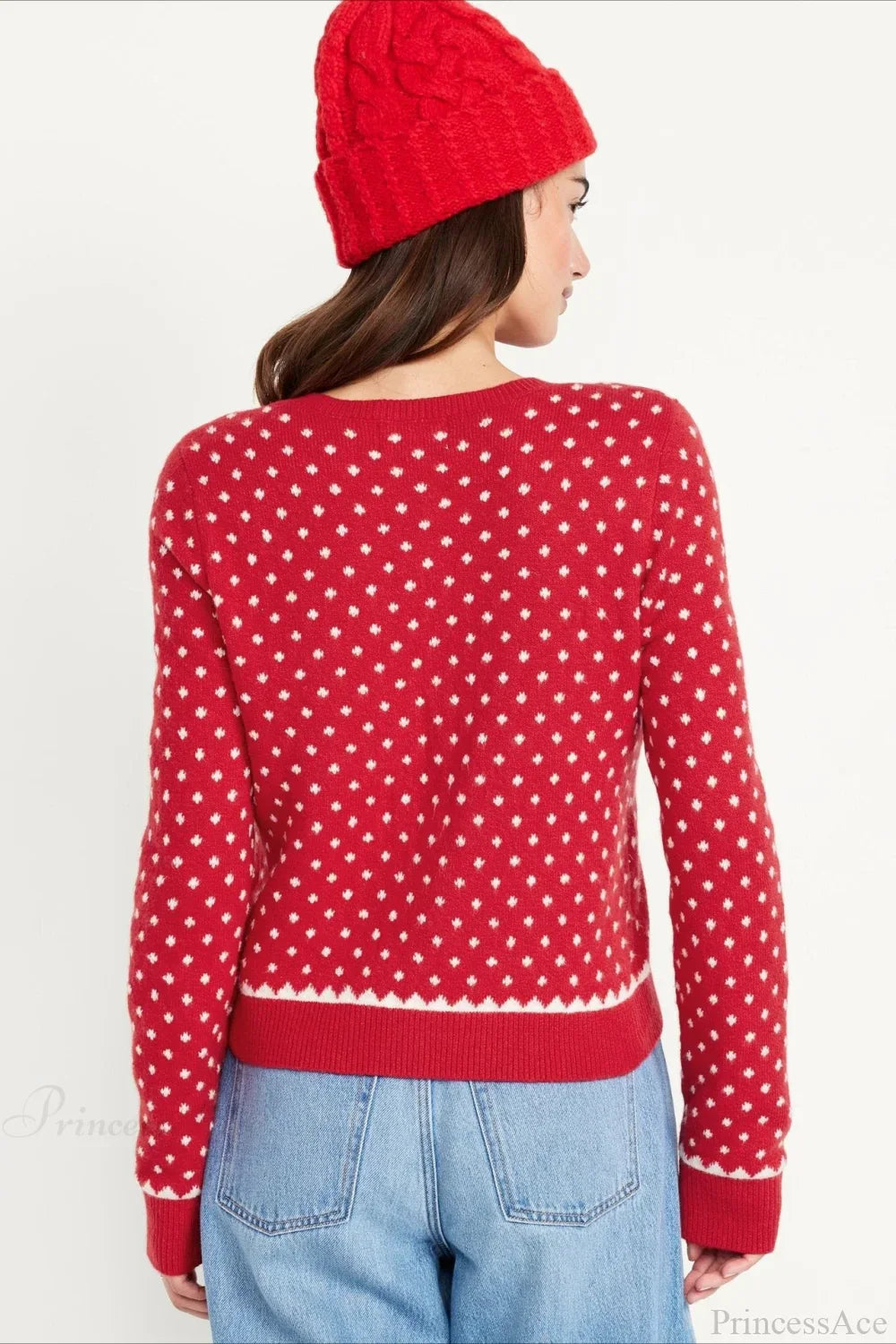 Velina Moda | Christmas Red Dotted Polka Dot Snow-Covered Long Sleeve Sweater