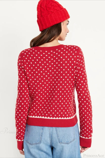 Velina Moda | Christmas Red Dotted Polka Dot Snow-Covered Long Sleeve Sweater