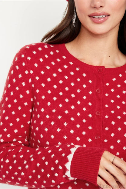 Velina Moda | Christmas Red Dotted Polka Dot Snow-Covered Long Sleeve Sweater