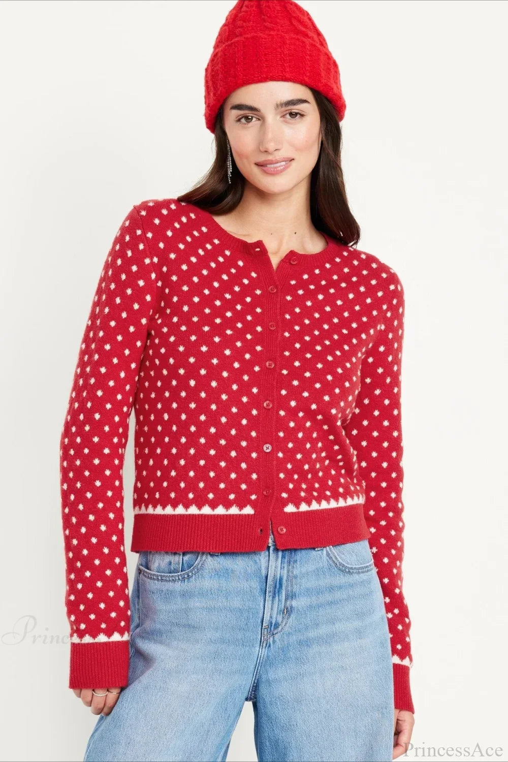Velina Moda | Christmas Red Dotted Polka Dot Snow-Covered Long Sleeve Sweater