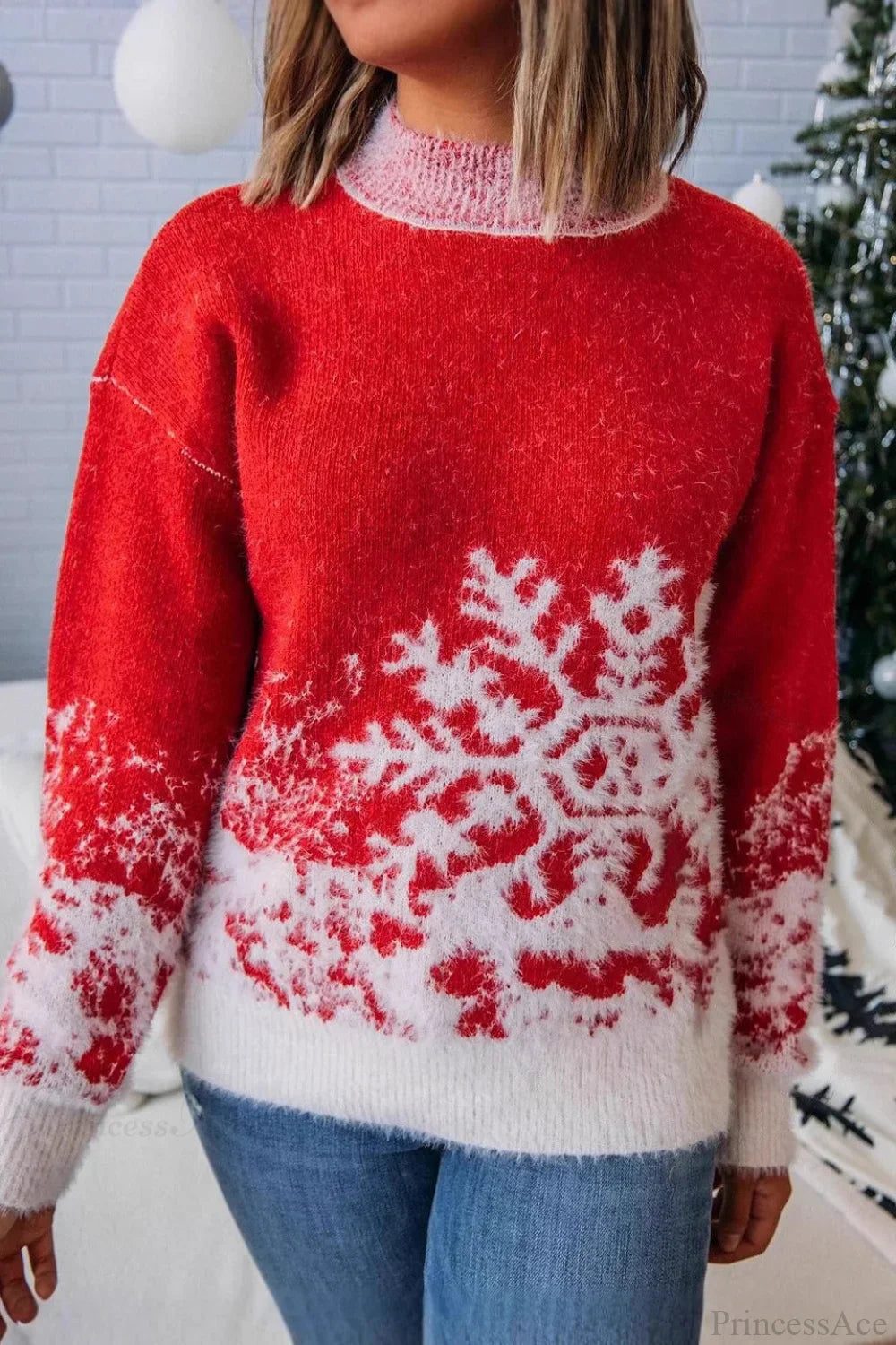 Velina Moda | Christmas Red Snowflake Pattern Turtleneck Oversized Sweater