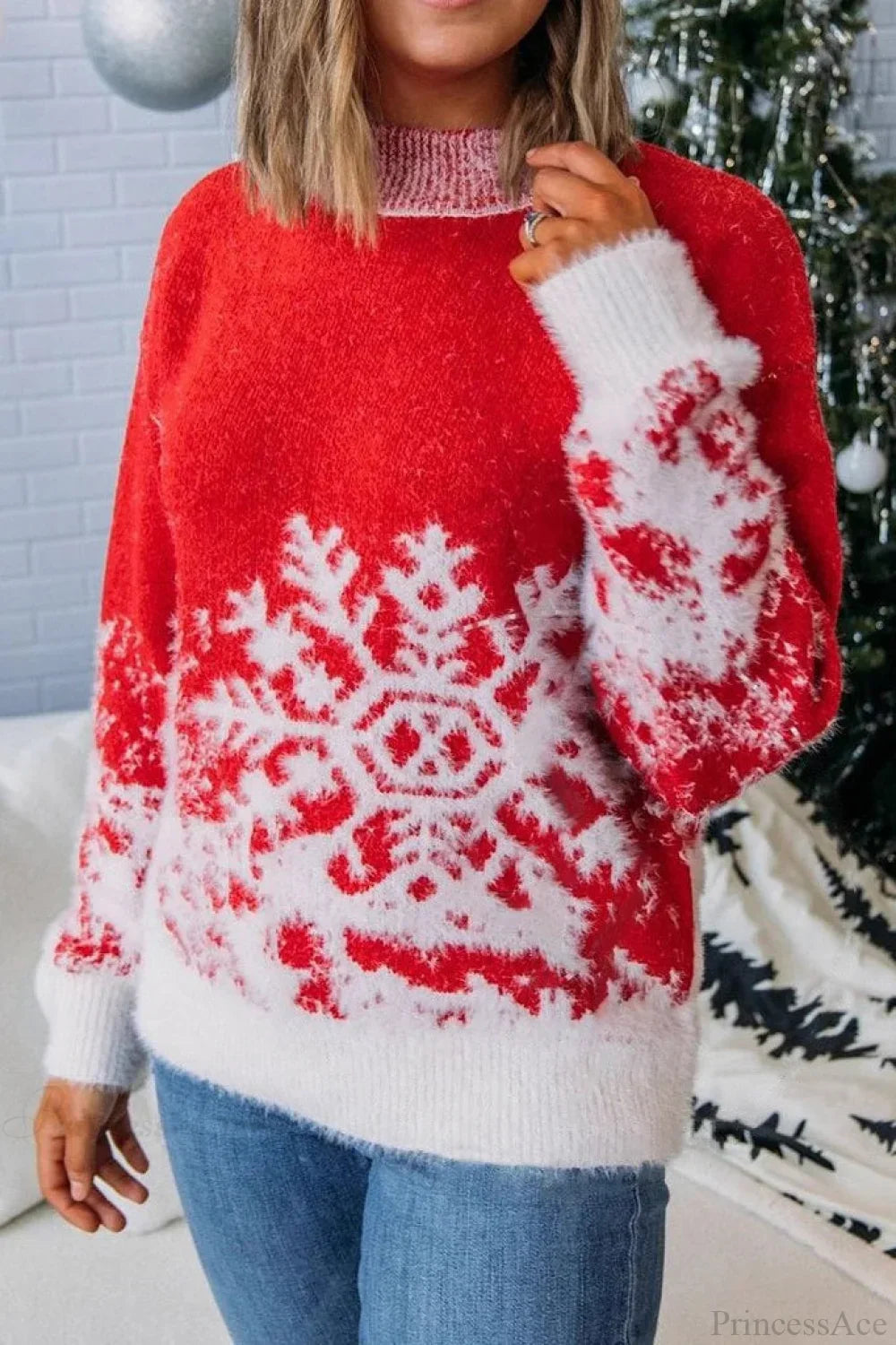 Velina Moda | Christmas Red Snowflake Pattern Turtleneck Oversized Sweater