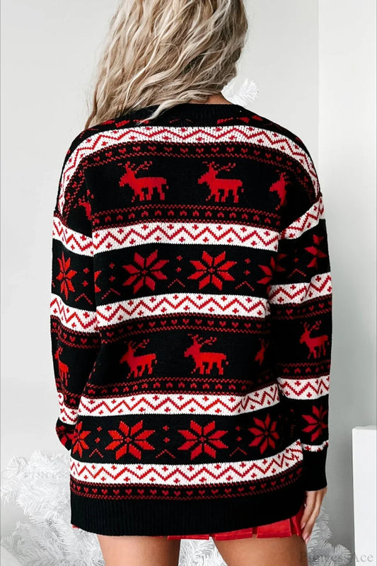 Velina Moda | Christmas Reindeer Jacquard Folk Contrast Loose Sweater
