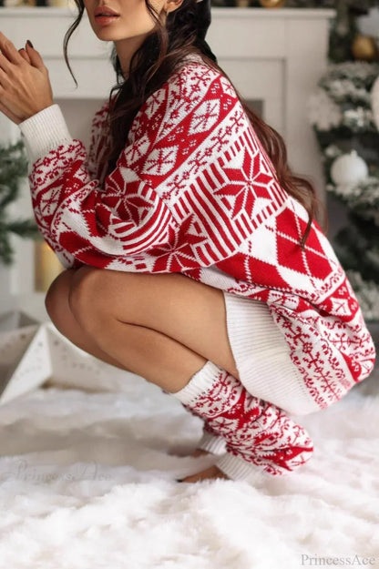 Velina Moda | Christmas Snow Maple Ethnic Round Neck Long Sweater