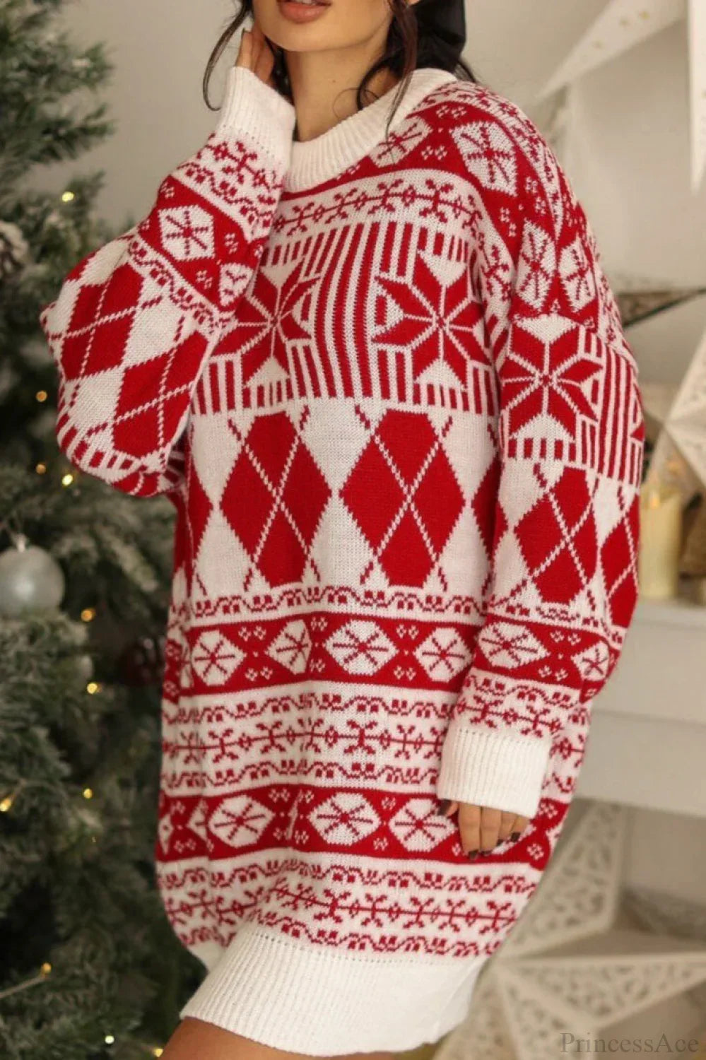 Velina Moda | Christmas Snow Maple Ethnic Round Neck Long Sweater