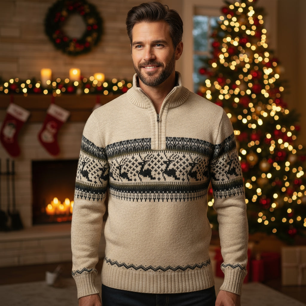Velina Moda | Winter sweater for men - warm knitted pullover with half zipper & Scandinavian reindeer pattern