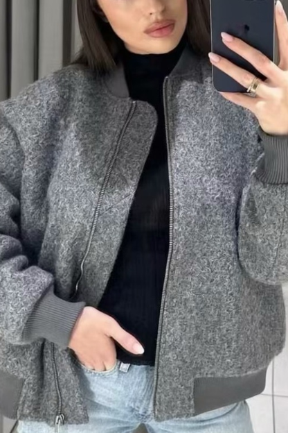 Velina Moda | Collarless Long Sleeve Ribbed Flight Jacket