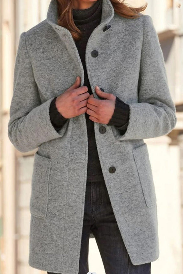 Velina Moda | Solid Color Button Stand Collar Wool Jacket