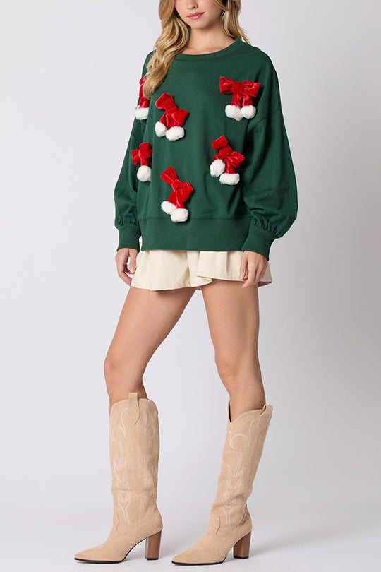 Velina Moda | Christmas Bow Decorated Casual Long Sleeve Sweatshirt