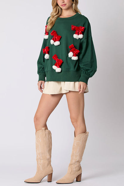 Velina Moda | Christmas Bow Decorated Casual Long Sleeve Sweatshirt