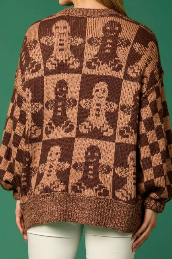 Velina Moda | Christmas Gingerbread Man Crew Neck Long Sleeve Loose Knit Sweater