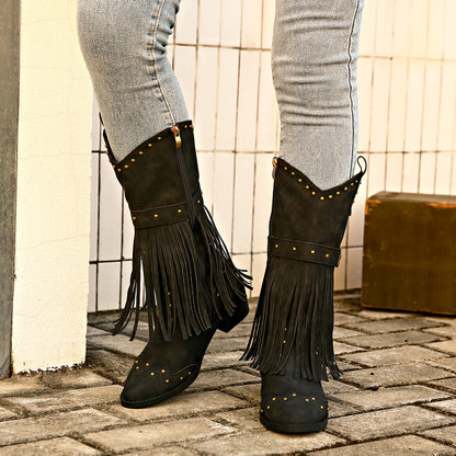 Brown Cowboy Boots with Fringes and Studs