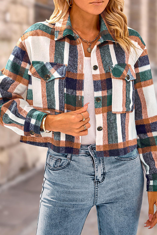 Velina Moda | Pocket Fashion Casual Cropped Women'S Checkered Jacket