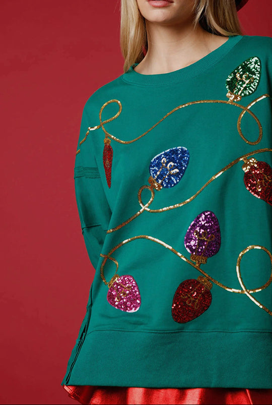 Velina Moda | Christmas Lights Sequins Slit Pullover Sweatshirt