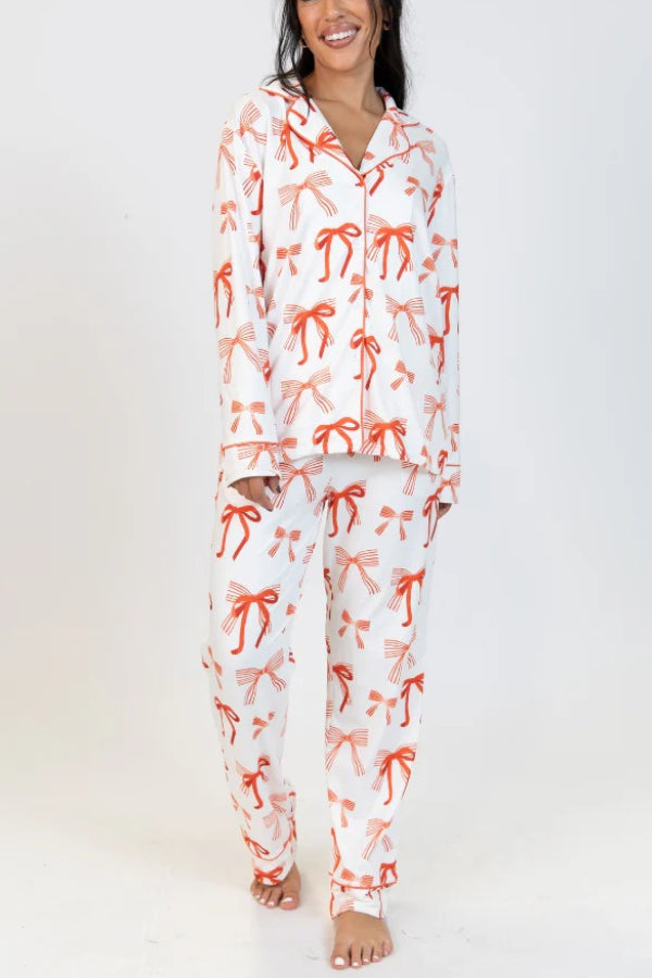 Velina Moda | Christmas Bow Print Long Sleeve Shirt and Elastic Waist Pocket Pants Set