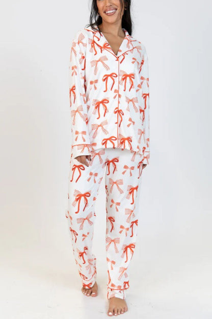 Velina Moda | Christmas Bow Print Long Sleeve Shirt and Elastic Waist Pocket Pants Set