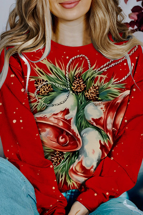 Velina Moda | Printed Christmas Contrast Color Long Sleeve Pullover Sweatshirt