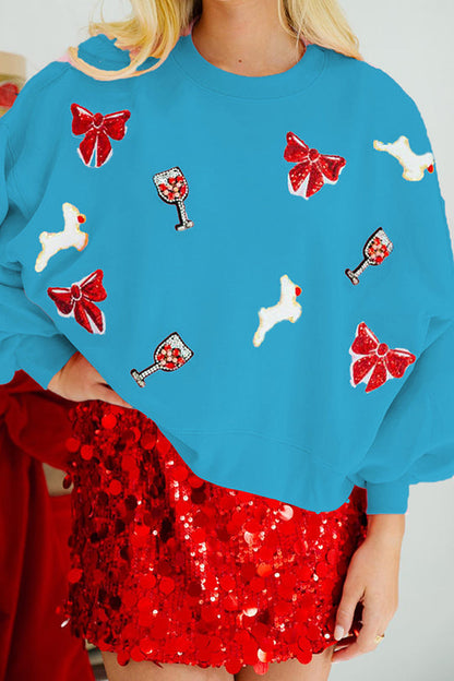Velina Moda | Christmas Bow Wine Glass Sequins Loose Long Sleeve Sweatshirt