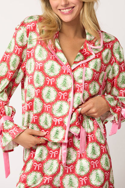 Velina Moda | Christmas Printed Velour Lacing Long Sleeve Pocket Top and Elastic Waist Pants Set