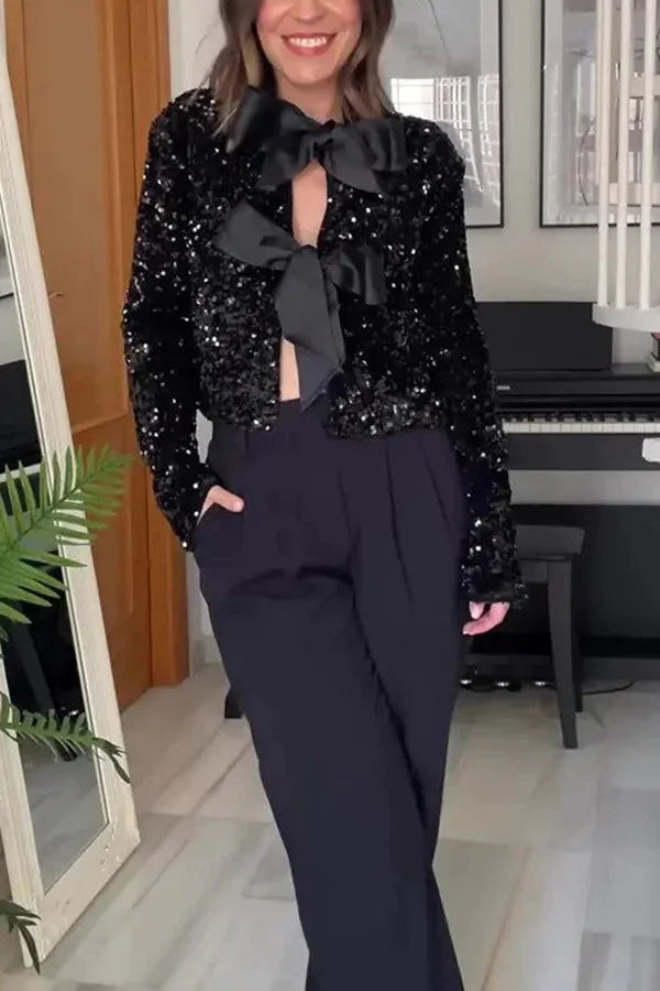 Velina Moda | Options To Celebrate, Tie Front Bow Sequin Jacket
