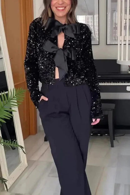 Velina Moda | Options To Celebrate, Tie Front Bow Sequin Jacket