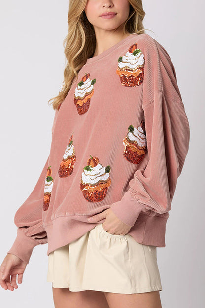 Velina Moda | Christmas Pumpkin Cake Sequins Round Neck Loose Sweatshirt