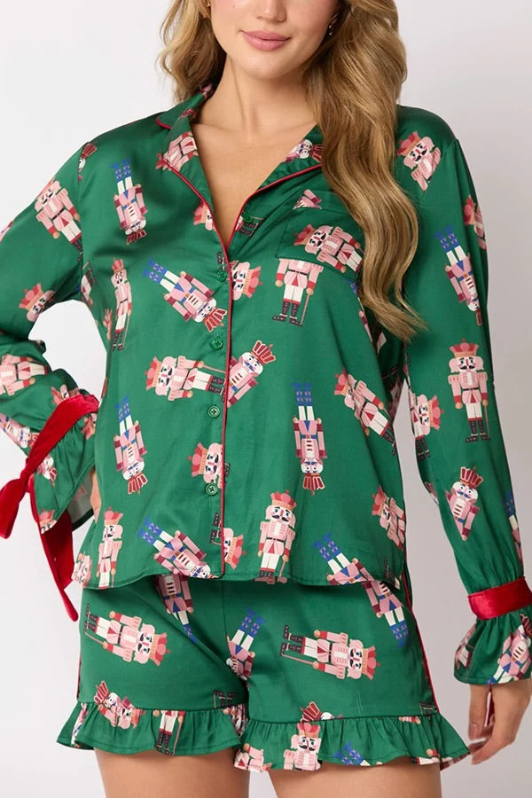 Velina Moda | Christmas Fashion Printed Bow Top and Elastic Waist Ruffle Shorts Set