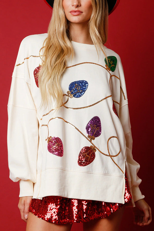 Velina Moda | Christmas Lights Sequins Slit Pullover Sweatshirt