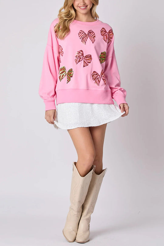 Velina Moda | Christmas Bow Sequin Loose Casual Long Sleeve Sweatshirt