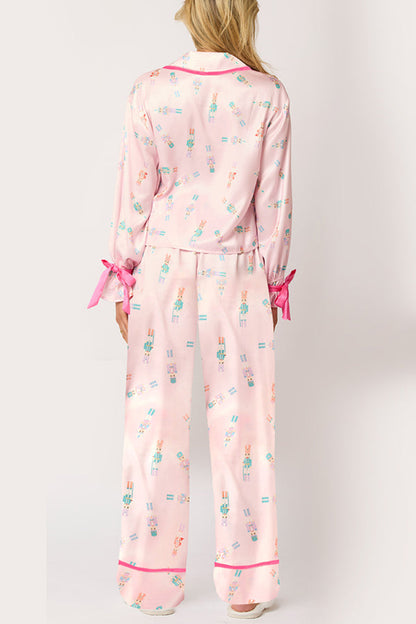 Velina Moda | Christmas Printed Velour Lacing Long Sleeve Pocket Top and Elastic Waist Pants Set