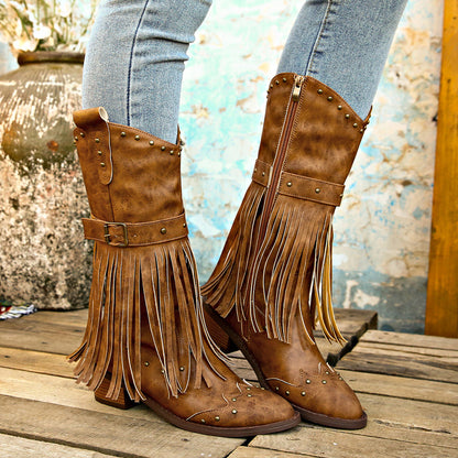Brown Cowboy Boots with Fringes and Studs