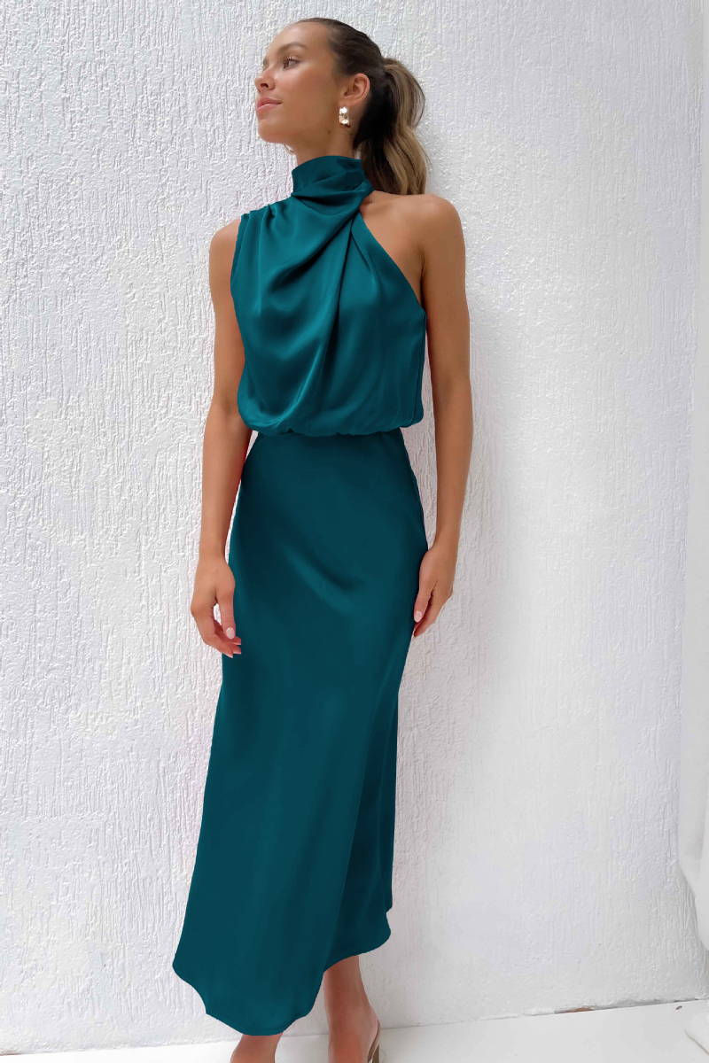 Elegant midi dress with asymmetrical round neckline