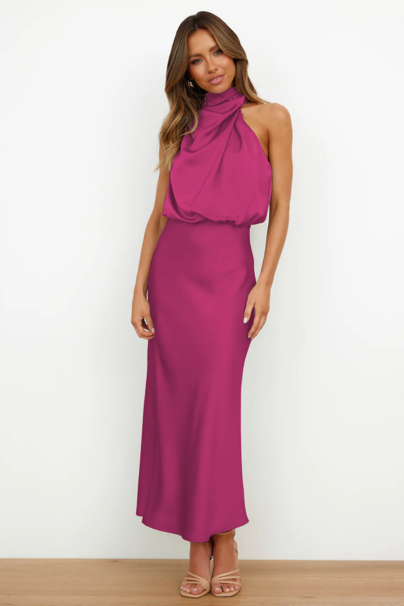 Elegant midi dress with asymmetrical round neckline