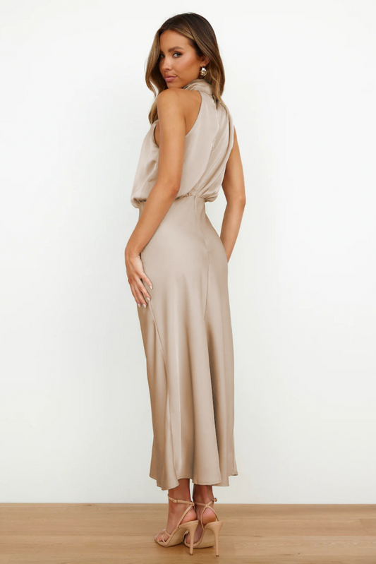 Elegant midi dress with asymmetrical round neckline