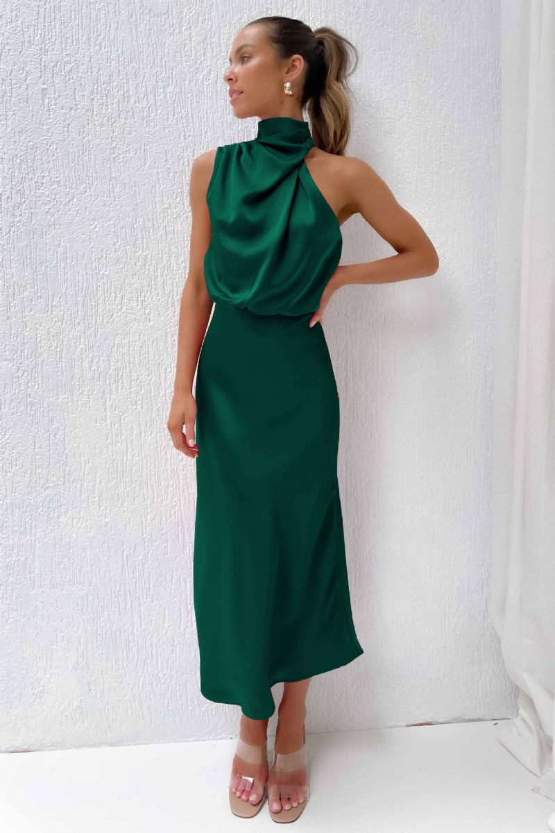 Elegant midi dress with asymmetrical round neckline