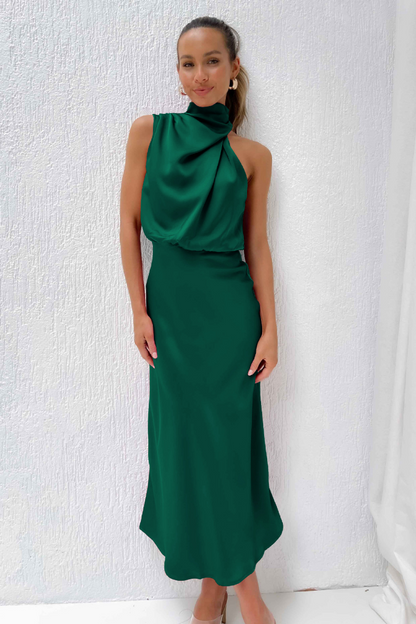 Elegant midi dress with asymmetrical round neckline