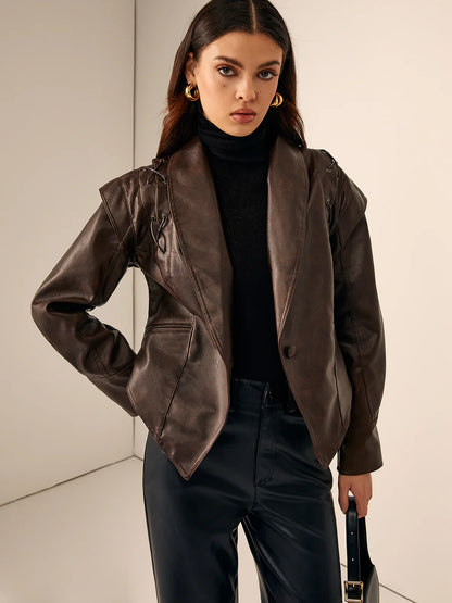Velina Moda | Leather Lace Lapel Collar Blazer Jacket