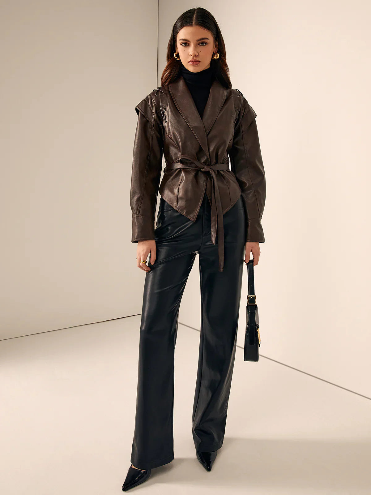 Velina Moda | Leather Lace Lapel Collar Blazer Jacket