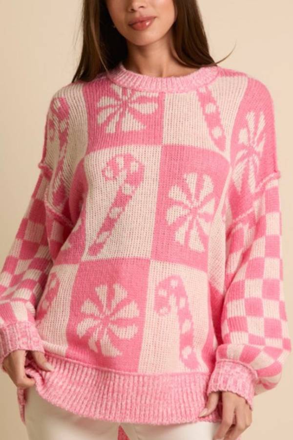 Velina Moda | Christmas Snowflake Candy Round Neck Long Sleeve Loose Knit Sweater