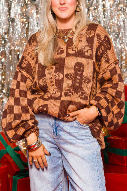 Velina Moda | Christmas Gingerbread Man Crew Neck Long Sleeve Loose Knit Sweater