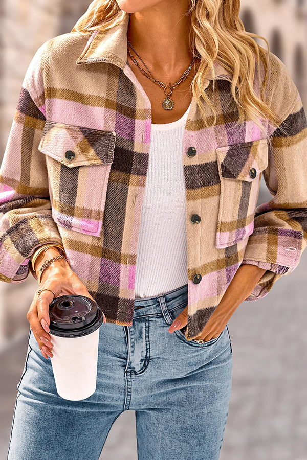 Velina Moda | Pocket Fashion Casual Cropped Women'S Checkered Jacket