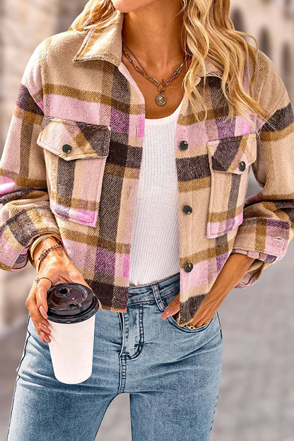 Velina Moda | Pocket Fashion Casual Cropped Women'S Checkered Jacket