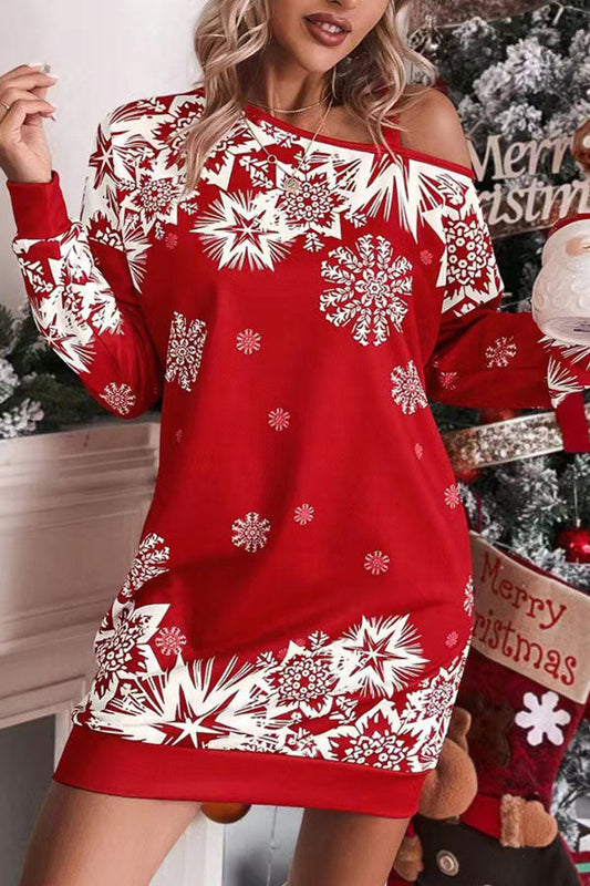 Velina Moda | Christmas Snowflake Cold Shoulder Loose Sweatshirt Mini Dress